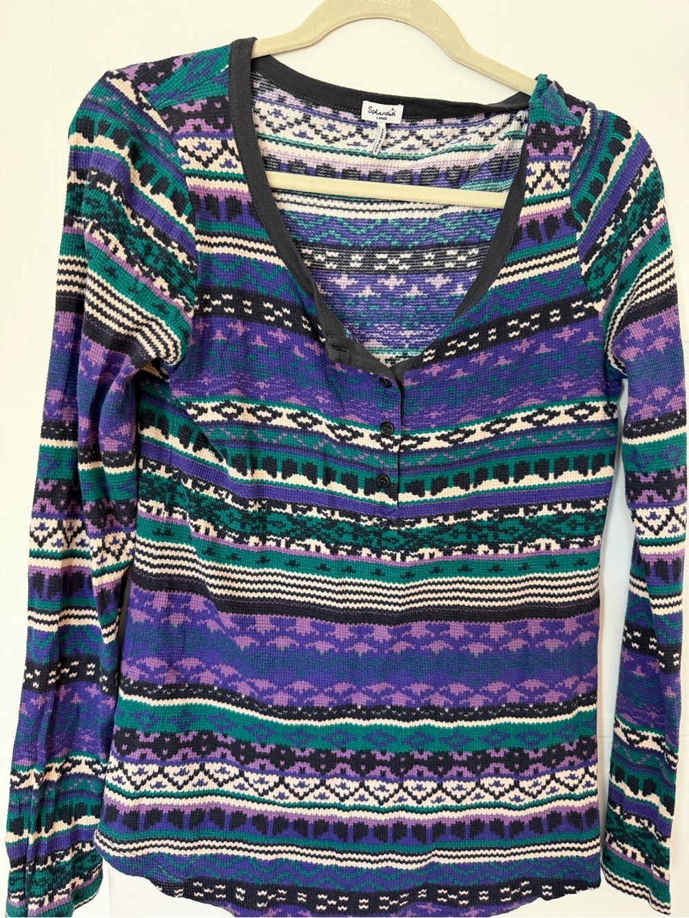 Splendid Purple Teal Black Striped Fair Isle Henley Long Sleeve Top